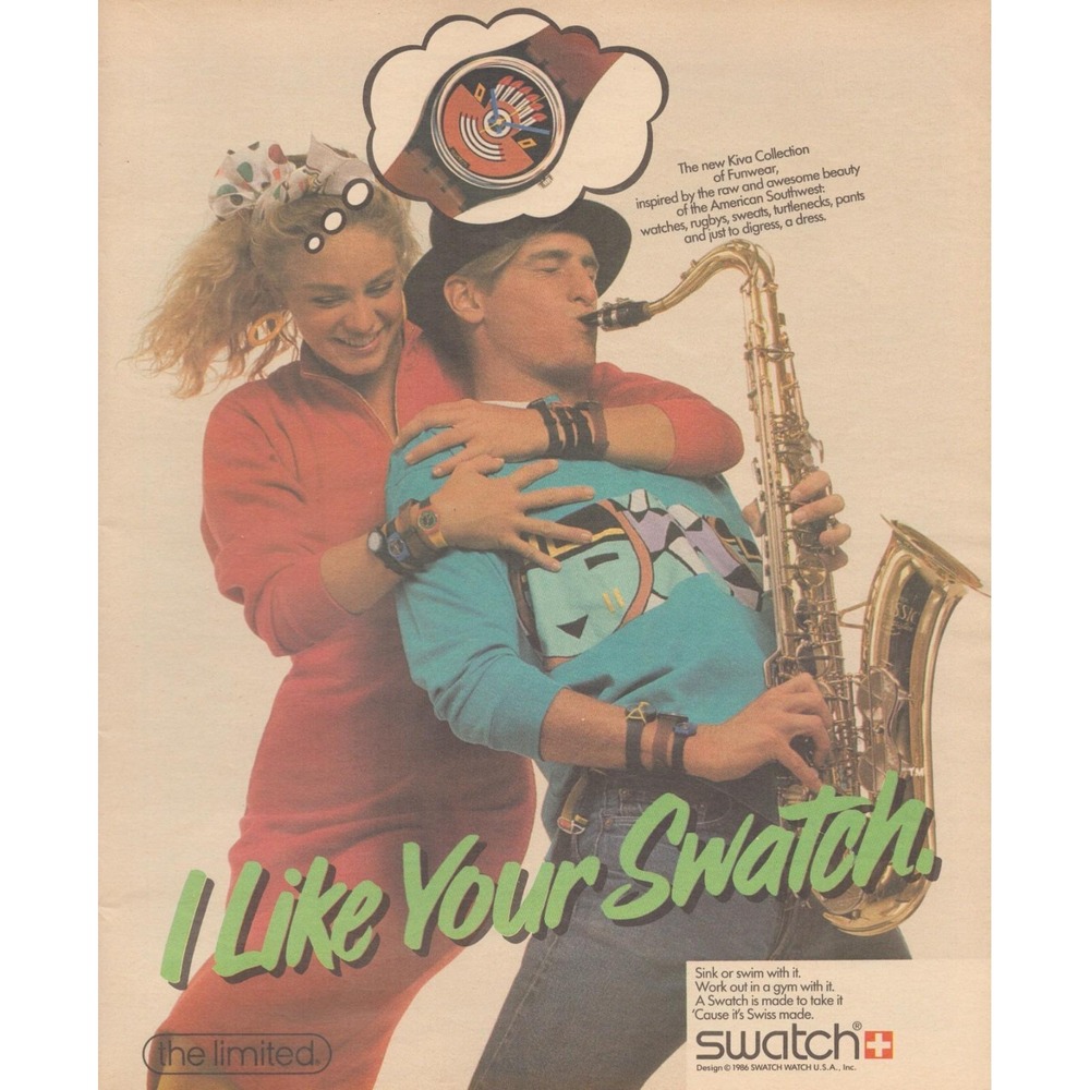Vintage 1986 Swatch Kiva Watch Print Ad Saxophone 80s Boutique Fashion Decor
